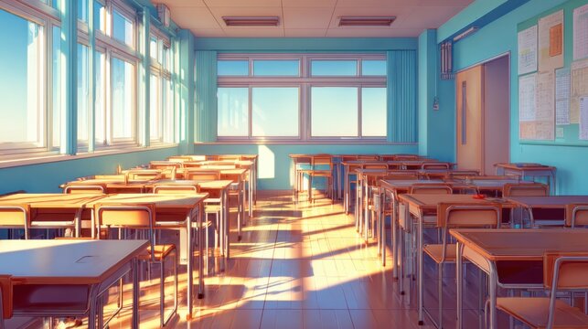 Sunlit Empty School Classroom Interior with Wooden Desks in Rows Bathed in Warm Afternoon Light