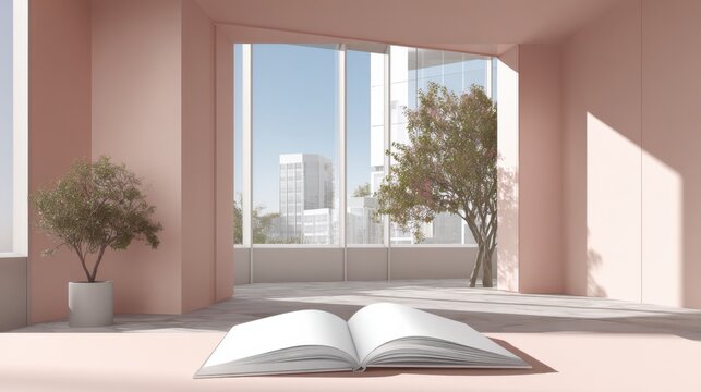 Open Blank Notebook on Pastel Surface with City View