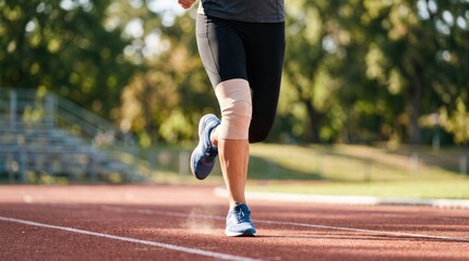 Obraz premium Runner with knee bandage jogging on track, athletic activity, sports injury prevention, rehabilitation exercise, outdoor fitness, active lifestyle, motion blur, healthy living