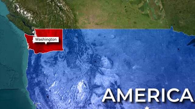 Video animation of Washington state highlighted on a USA map, showing location pin and satellite terrain with America label