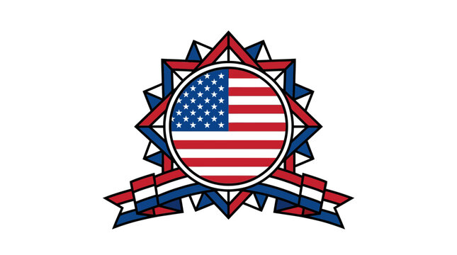 Patriotic Circular Emblem Featuring an American Flag Design with Decorative Starburst Border and Ribbon Accents for National Celebrations
