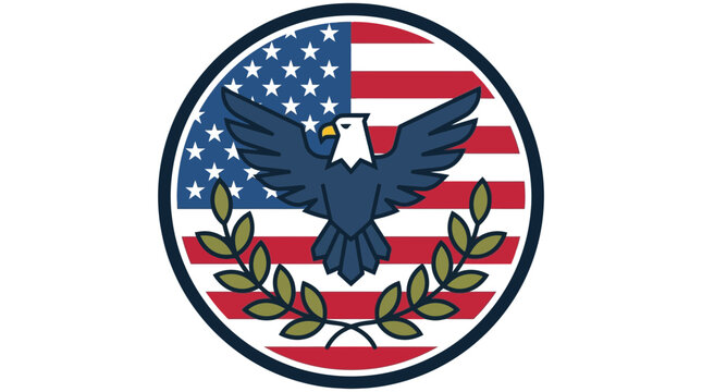 Patriotic Emblem Featuring an American Bald Eagle and Laurel Wreath over a Classic United States Flag Background for National Commemorations