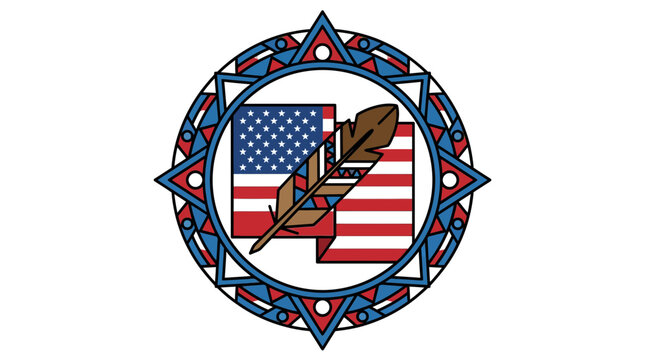 Patriotic Memorial Badge Featuring American Flag and Native American Eagle Feather Artistic Symbolism for National Remembrance Celebrations