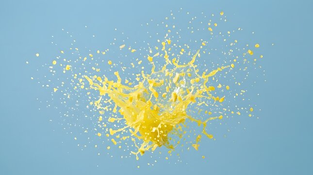 Vibrant yellow orange juice liquid splash exploding dynamically into countless droplets captured with high speed photography against soft blue background