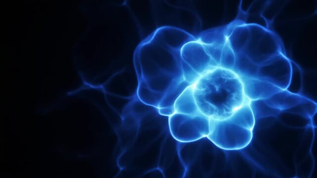 Luminous electric-blue plasma slowly unfurls through deep darkness, dense glowing particles curling and reconnecting with fluid organic motion against total black perfect for cinematic overlays