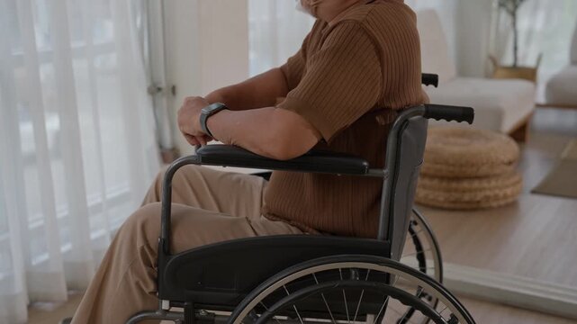 Senior man wheelchair sitting near window home with natural light, calm relaxation, accessible interior, comfort, mobility, independence, adaptive living, and daily support for modern home