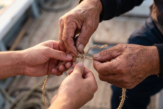 熟練の漁師が若手にロープの結び方を教える手元の伝承