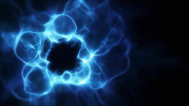 Luminous electric-blue plasma slowly unfurls through deep darkness, dense glowing particles curling and reconnecting with fluid organic motion against total black perfect for cinematic overlays
