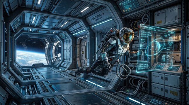 Astronaut in futuristic space station module inspecting high-tech control panel in zero gravity