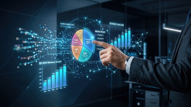 Businessman touching virtual pie chart and bar graph for revenue analysis, global market data visualization and corporate strategy planning concept.