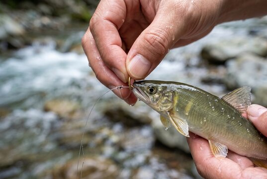 オトリ鮎に鼻環（ハナカン）を通す友釣りの繊細な手元