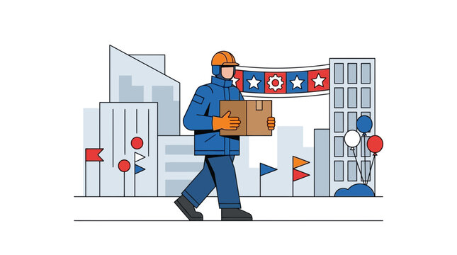 Professional Courier Delivering a Package in a Modern Urban Business District with Patriotic Celebration Decorations and Architectural Background