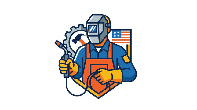 Professional Welder Icon Featuring Industrial Gear Hammer and American Flag Shield Symbol for Manufacturing and Metalworking Service Branding
