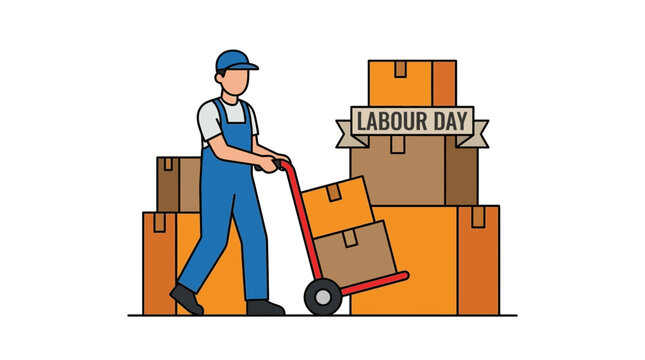 Professional Warehouse Worker Operating a Hand Truck to Transport Stacked Cardboard Moving Boxes for Logistics and Labor Day Preparation