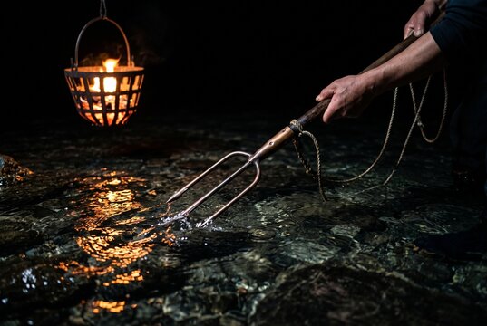 夜間の浅瀬で火を焚き銛（もり）を構える伝統の突きん棒漁