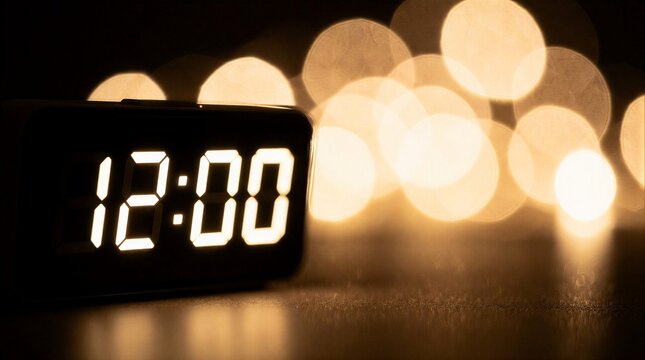 A close-up of a digital alarm clock displaying midnight with warm golden bokeh lights in the background.