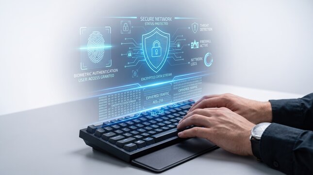 Biometric authentication and secure network access with fingerprint scan, encrypted data stream, firewall active status, cybersecurity protection shield, typing on keyboard