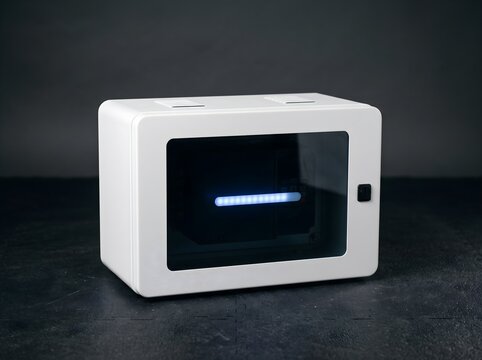 Industrial Pump VFD Controller Electrical Cabinet with Glowing Blue LED on Dark Surface