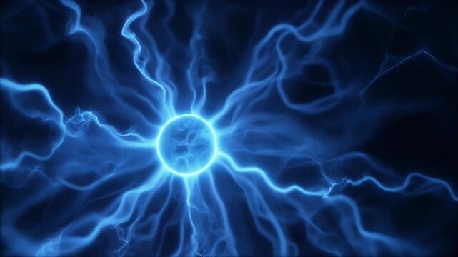 Luminous electric-blue plasma slowly unfurls through deep darkness, dense glowing particles curling and reconnecting with fluid organic motion against total black perfect for cinematic overlays