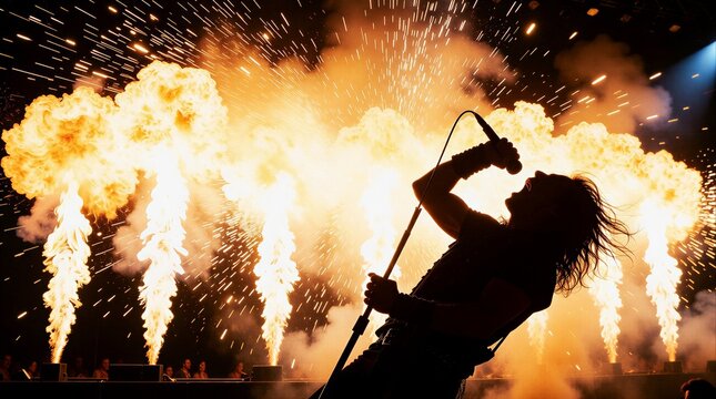A silhouette of a rock singer performing on stage amidst dramatic fire pyrotechnics and sparks during a concert.
