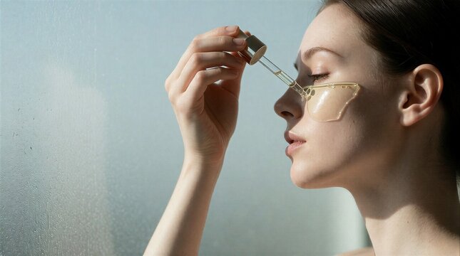 A beautiful young woman applying a facial serum with a glass dropper for skincare treatment in a bright bathroom.