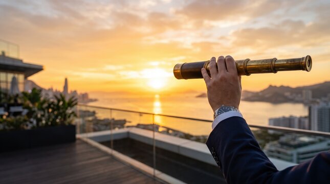 Businessman hand holding brass telescope looking at city skyline during sunset, vision strategy and future planning concept for corporate leadership and long term business goals