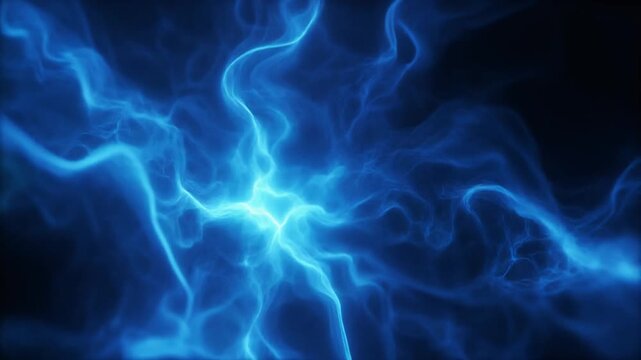 Luminous electric-blue plasma slowly unfurls through deep darkness, dense glowing particles curling and reconnecting with fluid organic motion against total black perfect for cinematic overlays