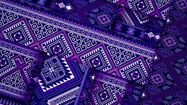 4K Abstract background of colorful ethnic geometric textile patterns moving and crossing over each other, featuring bold tribal-inspired designs, seam movement, and decorative backgrounds