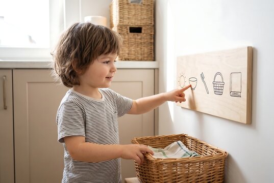 Child Following Visual Chore Cards For Household Tasks