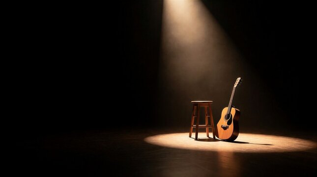 A single acoustic guitar resting on a wooden stool under a dramatic spotlight in a dark theater.