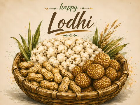 Happy Lohri Traditional Festival Basket with Peanuts Popcorn and Sesame Ladoo Illustration
