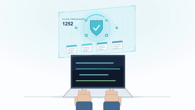 typing on laptop keyboard with data management hologram, cybersecurity and analytics dashboard, technology concept