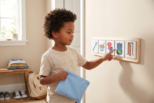 Child Following Visual Routine Cards For Independent Daily Tasks