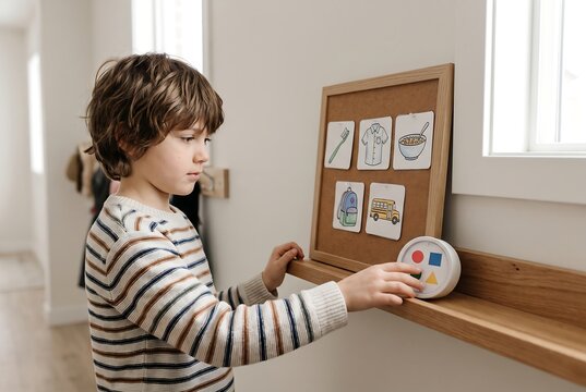 Child Matching Visual Cards And Practicing Routine Skills