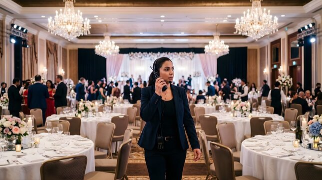 Event planner coordinating luxury wedding banquet in hotel ballroom
