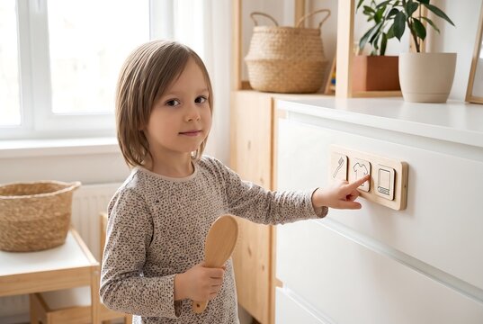 Child Using Visual Personal Care Routine And Grooming Cards