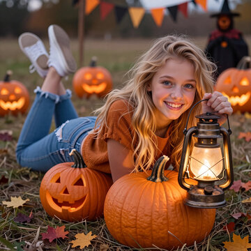 A young blonde girl smiles holding a glowing lantern, surrounded by jack-o-lanterns and autumn leaves in a festive Halloween field.