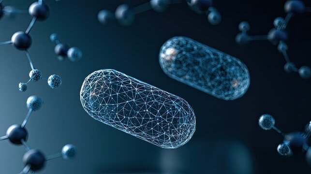 Low‑poly wireframe drug capsules with molecular structure 3D render, pharmaceutical biotech digital science background