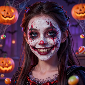 A Young Girl with Elaborate Clown Makeup and Bright Blue Eyes amidst Spooky Halloween Decorations