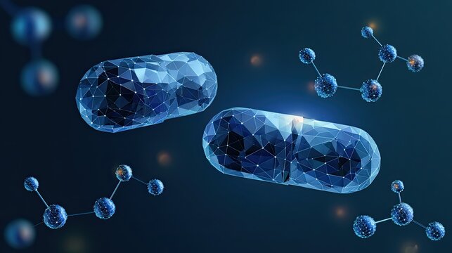 Low‑poly wireframe drug capsules with molecular structure 3D render, pharmaceutical biotech digital science background