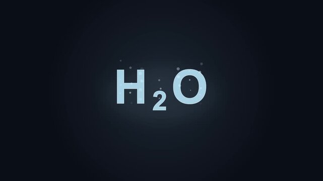 H2O water formula animation, transparent text boiling, bubbles releasing, molecule symbol, dark background