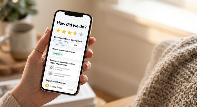 Person holding smartphone submitting post-purchase review and feedback rating on mobile app at home