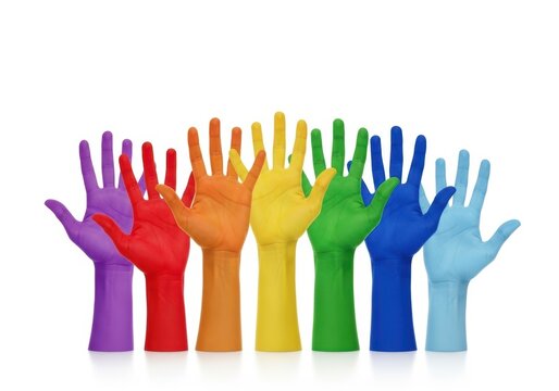 Many colorful human hands raised up together representing unity and diversity isolated on white background