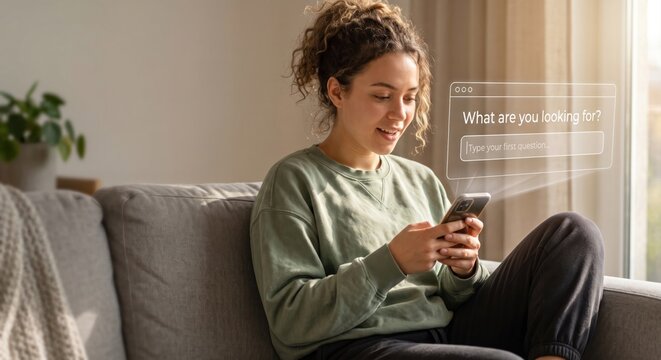 Smiling young woman on sofa typing natural language query into AI shopping assistant interface on smartphone