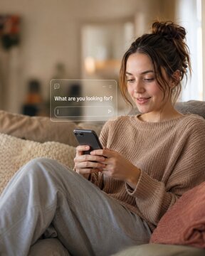 Smiling young woman using smartphone with AI shopping search prompt interface on cozy sofa at home