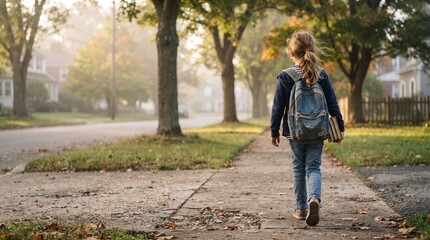 Fototapeta premium Child Walking to School with Backpack During Fall Season
