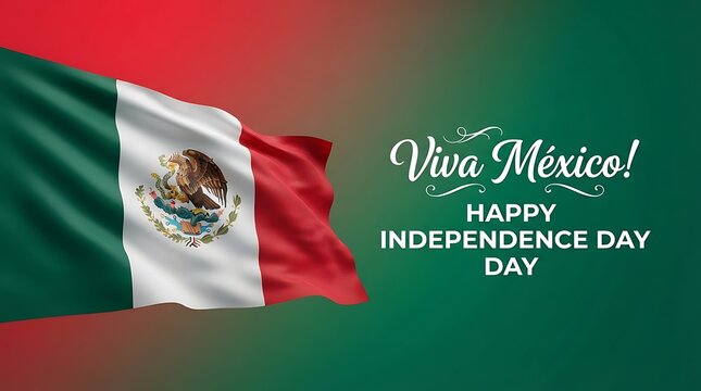Mexican Independence Day, vibrant textile flag waving, green white red, Viva M&eacute;xico greeting, festive holiday background