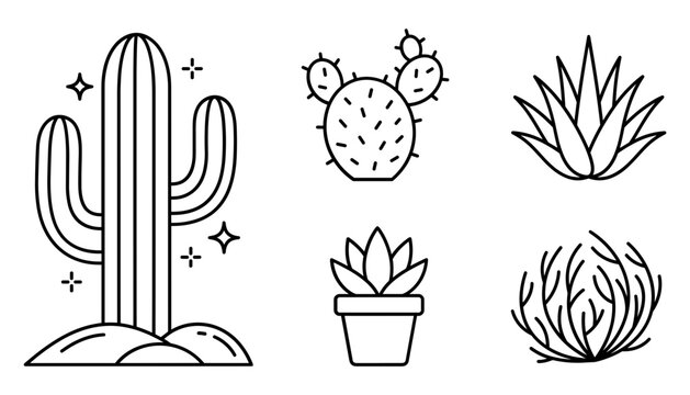 Desert cactus and succulent plant icon set featuring saguaro prickly pear agave potted houseplant tumbleweed bush outline vector.