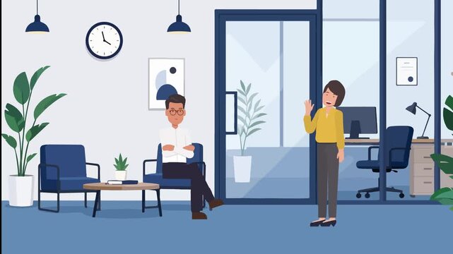 Animated office reception with woman waving to waiting man. 4K Video