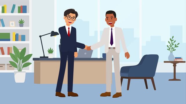 Businessmen shaking hands in office 2D animation. 4K Video